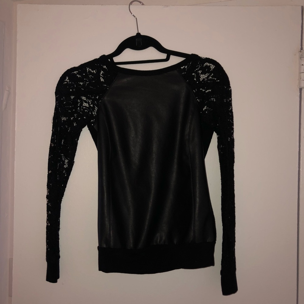 Bailey 44 black leather sweater with lace arms